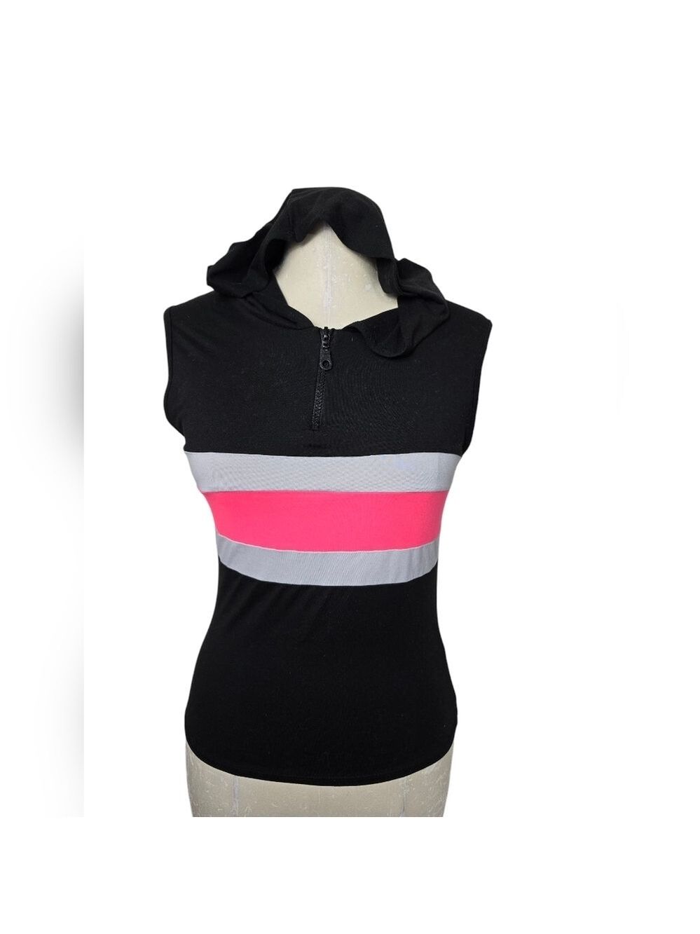 Marci Black Striped Hooded Sleeveless Zip Fitted Shirt S